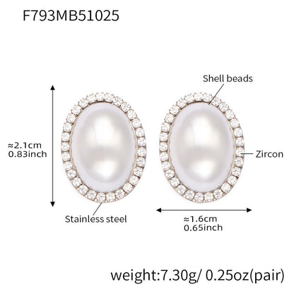 Stainless Steel Oval Pearl Zircon Earrings – Elegant Minimalist Drop Earrings for Women | High-End Fashion Jewelry