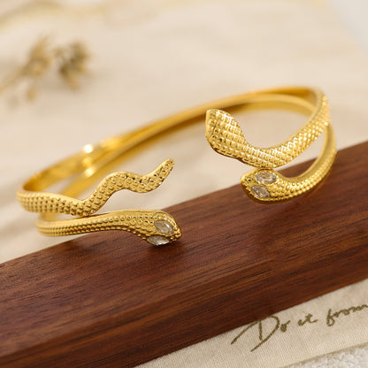 18K Gold-Plated Stainless Steel Zircon Snake Cuff Bracelet | Elegant Serpentine Bangle