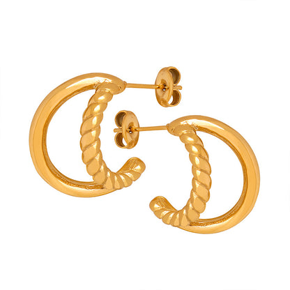 Double Layer C-Shaped Stainless Steel Hoop Earrings – Minimalist Thick Chunky Huggie Hoops for Women, Trendy Daily Jewelry