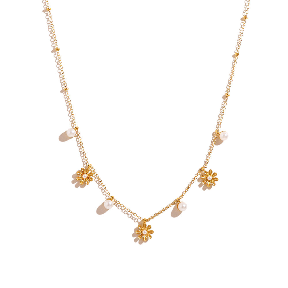 18K Gold Plated Titanium Steel Pearl & Shell Beaded Flower Pendant Necklace | Elegant Fashion Jewelry