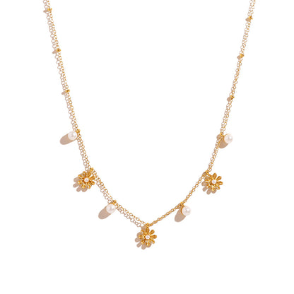 18K Gold Plated Titanium Steel Pearl & Shell Beaded Flower Pendant Necklace | Elegant Fashion Jewelry