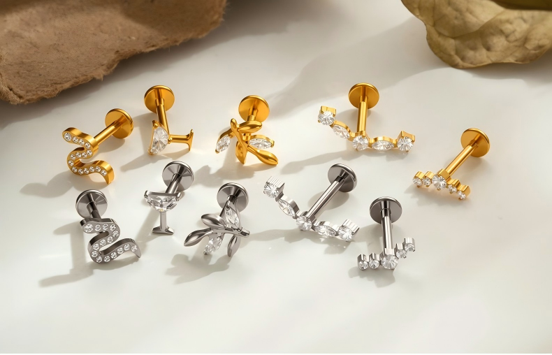 Implant Grade G23 Titanium Labret Stud – Snake Leaf CZ Flat Back Ear & Lip Piercing ASTM F136 Jewelry