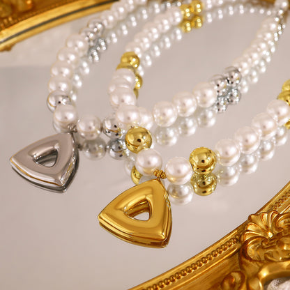 Vintage Pearl Beaded Hollow Triangle Pendant Necklace | 18K Gold & Silver Stainless Steel Elegant Jewelry for Women