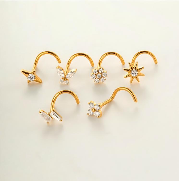 Implant Grade ASTM F136 Titanium Star Lightning Nose Stud S-Bend CZ Nose Stud Nostril Piercing Jewelry Hypoallergenic