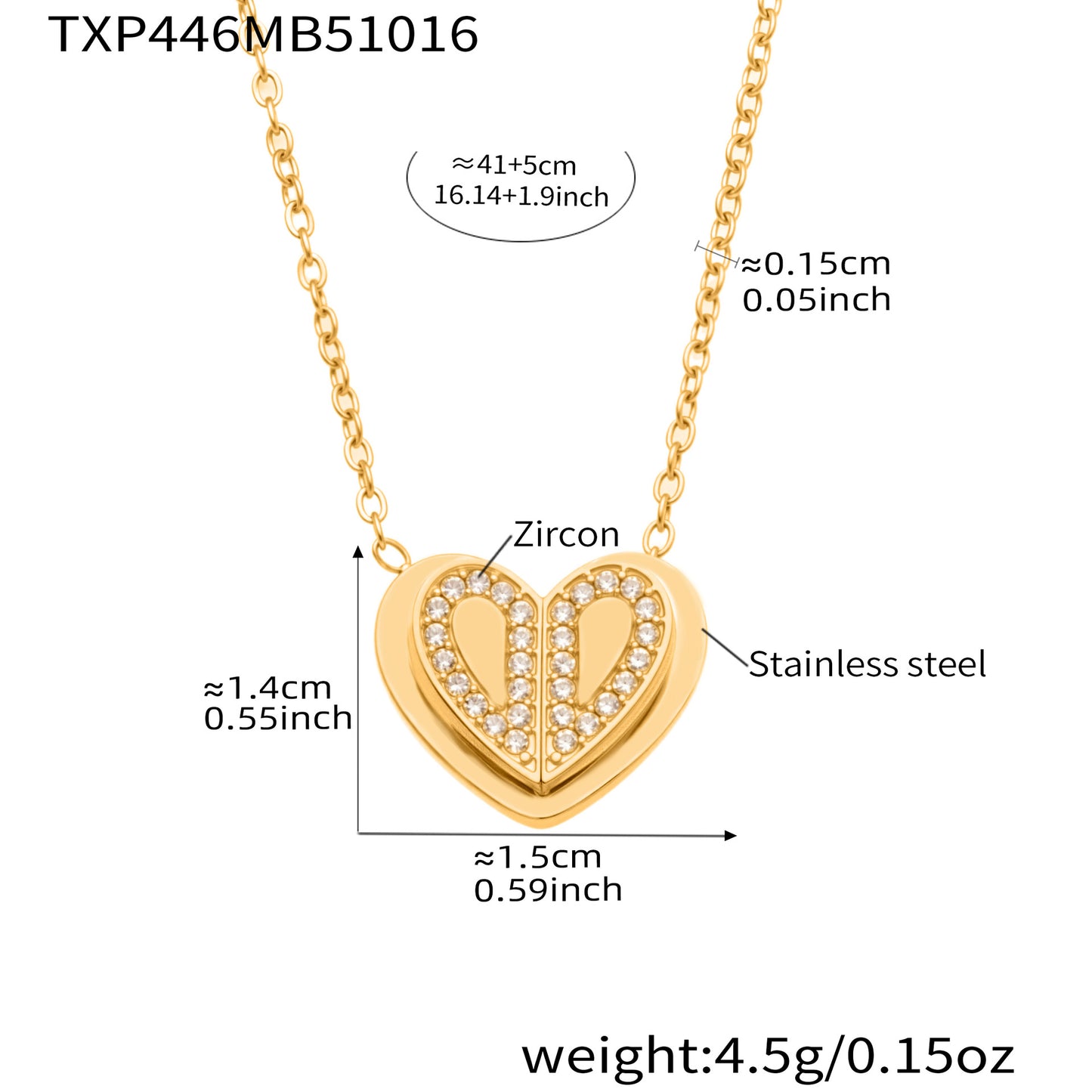 Double Heart Zircon Pendant Necklace, Earrings & Ring Jewelry Set - Gold & Steel Stainless Steel
