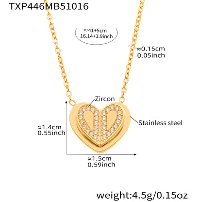 Double Heart Zircon Pendant Necklace, Earrings & Ring Jewelry Set - Gold & Steel Stainless Steel