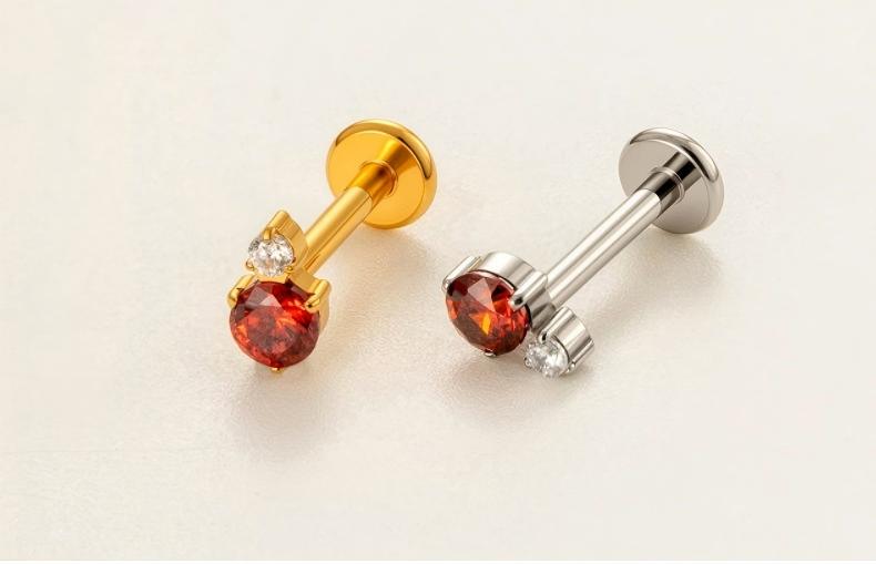 Implant Grade ASTM F136 Titanium Threadless Push Pin Zircon Geometric Flat Back Stud | Cartilage Helix Tragus Lip Piercing Jewelry
