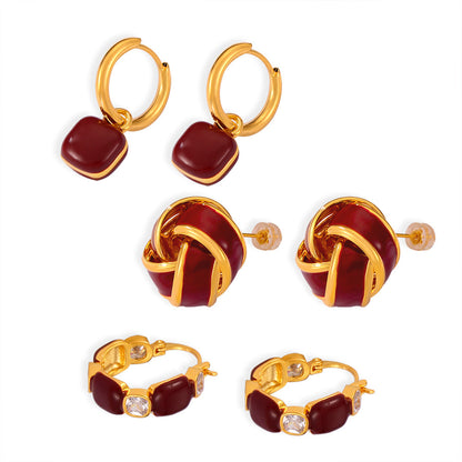 Vintage Weight Enamel Zircon Stud Earrings Set - Gold Stainless Steel Retro Jewelry