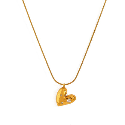 18K Gold Plated Titanium Steel Heart Crystal Pendant Necklace - Simple Fashion Jewelry