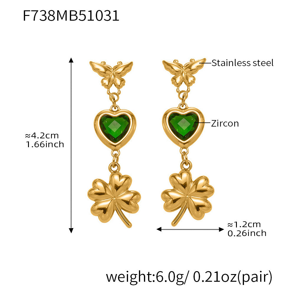 3D Butterfly & Clover Dangle Earrings with Heart Cubic Zirconia | Fashion Drop Earrings Set