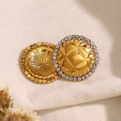 Stainless Steel Crystal Geometric Round Earrings – Textured Luxury Statement Hoop Earrings for Women