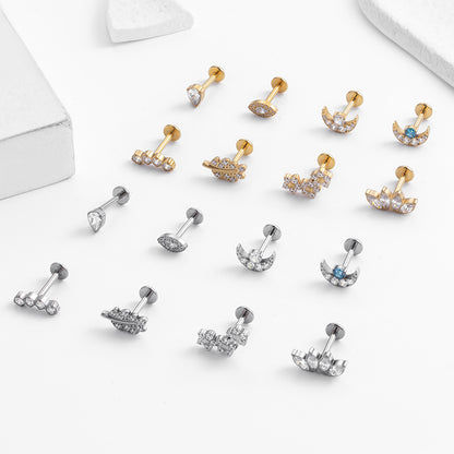 G23 Titanium Moon, Leaf & Flower CZ Studs for Cartilage Piercings | F136 Hypoallergenic Ear Bone Jewelry