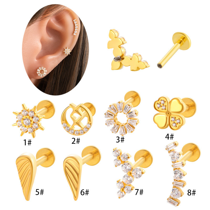 F136 Titanium Zircon-Set Lucky Clover Sunflower Waterdrop Cartilage Piercing – Trendy and Versatile Lip & Ear Piercing Jewelry