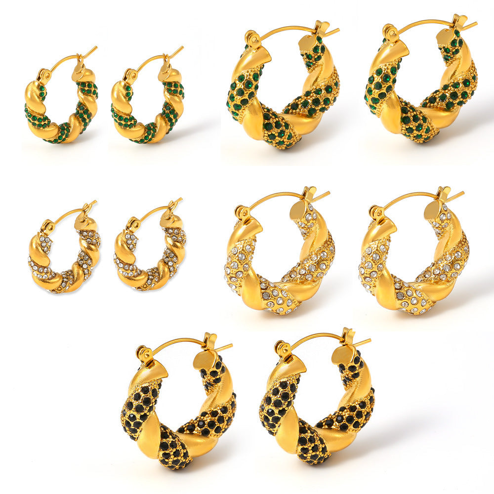 U-Shaped Stainless Steel Twisted Rhinestone Hoop Earrings | Modern Elegant Fashion Jewelry