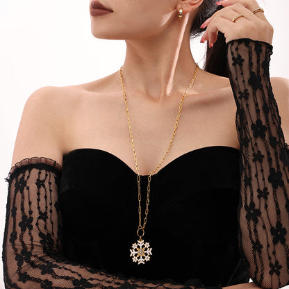 Gold Stainless Steel Christmas Snowflake Long Necklace – White, Green & Red Enamel Pendant Holiday Jewelry
