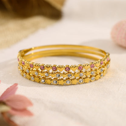 18K Gold Plated Stainless Steel Crystal Heart & Star Bangle Bracelet | Elegant Narrow Edge Cuff Jewelry for Women