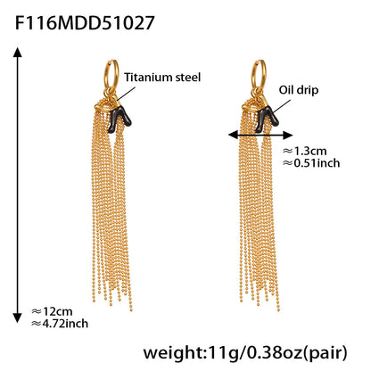 Stainless Steel Letter K Tassel Earrings – Vintage Enamel Drip Long Chain Earrings, High-End Fashion Jewelry for Women