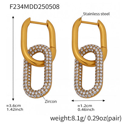 Gold Oval Zircon Dangle Earrings – Elegant Stainless Steel Full Zircon Hoop Earrings for Women
