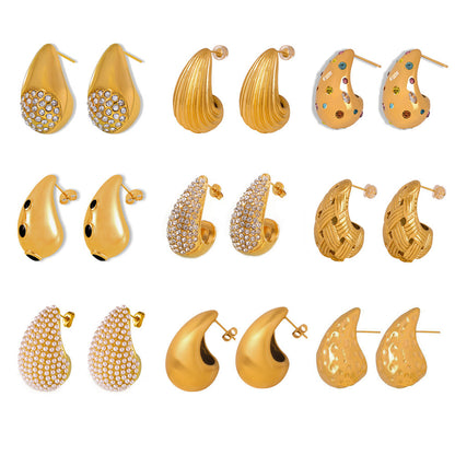 Elegant Teardrop Zircon Earrings – Stainless Steel Enamel, Pearl & Rhinestone Collection | Hypoallergenic Fashion Jewelry