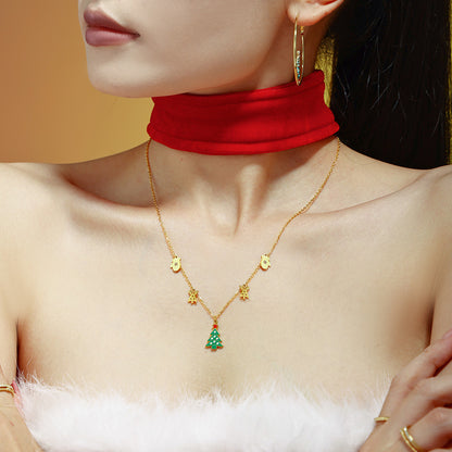Gold Stainless Steel Christmas Necklace | Green Christmas Tree Pendant with Oil Drop & Zircon
