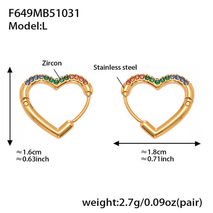 Colorful Cubic Zirconia Heart Hoop Earrings Set | Stainless Steel Simple Chic Ear Cuff for Women