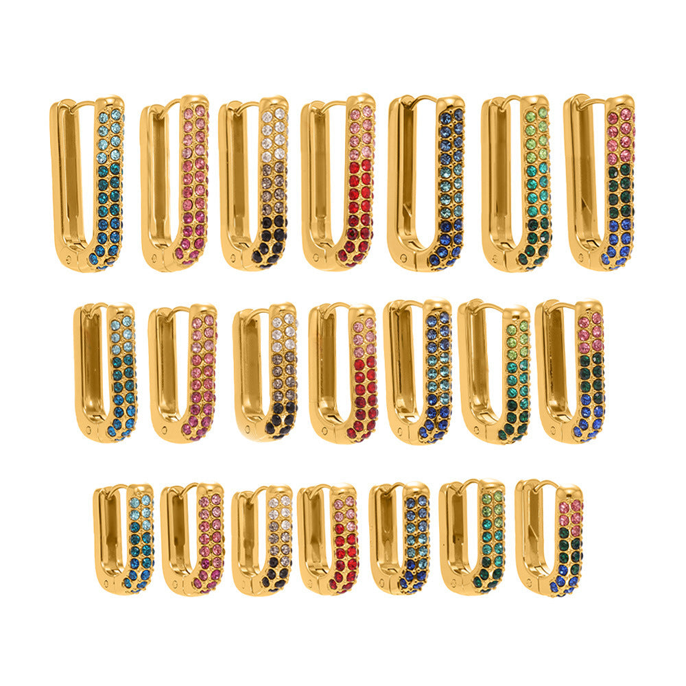 Stainless Steel Long U-Shaped Hoop Earrings with 5A Zircon – Elegant Colorful Statement Fashion Jewelry
