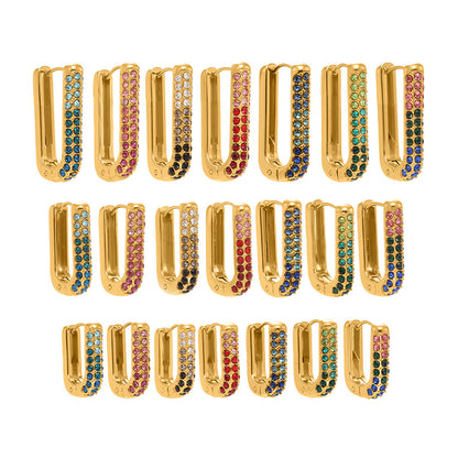Stainless Steel Long U-Shaped Hoop Earrings with 5A Zircon – Elegant Colorful Statement Fashion Jewelry