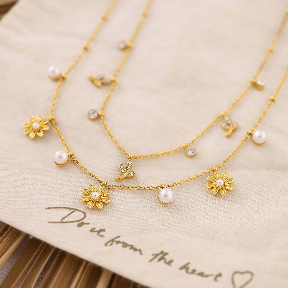 18K Gold Plated Titanium Steel Pearl & Leaf Flower Pendant Necklace | Elegant Fashion Jewelry