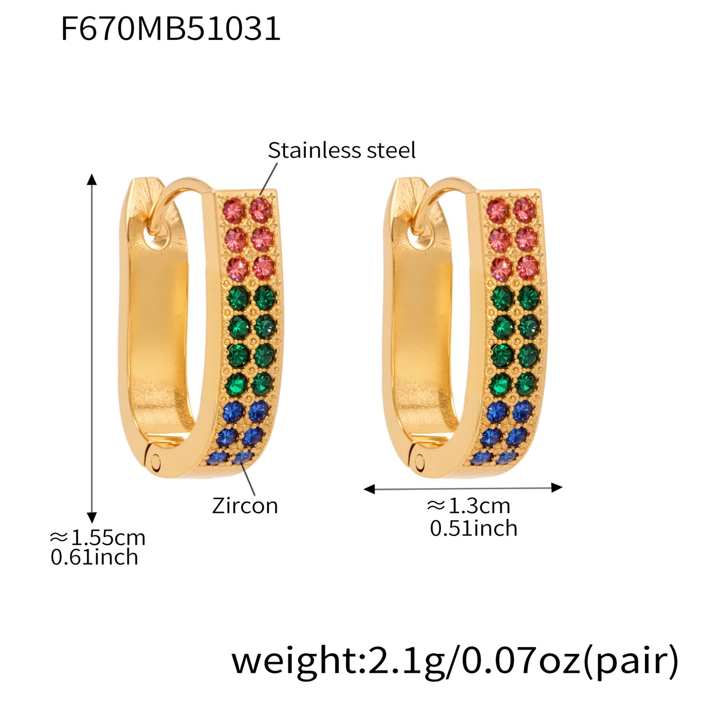 U-Shaped Geometric Zircon Earrings | Stainless Steel Micro Paved Colorful Hoop Earrings | Minimalist Modern Fashion Jewelry