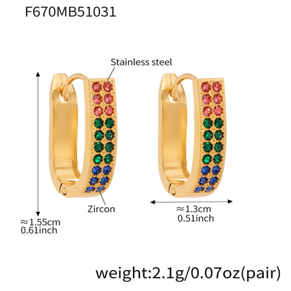U-Shaped Geometric Zircon Earrings | Stainless Steel Micro Paved Colorful Hoop Earrings | Minimalist Modern Fashion Jewelry