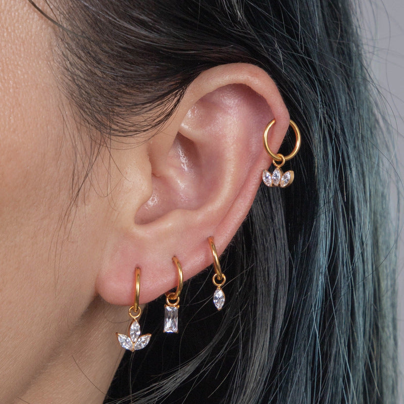 Titanium Zirconia Dangle Piercing Earrings – One-Piece Clasp Design for Earlobe & Cartilage