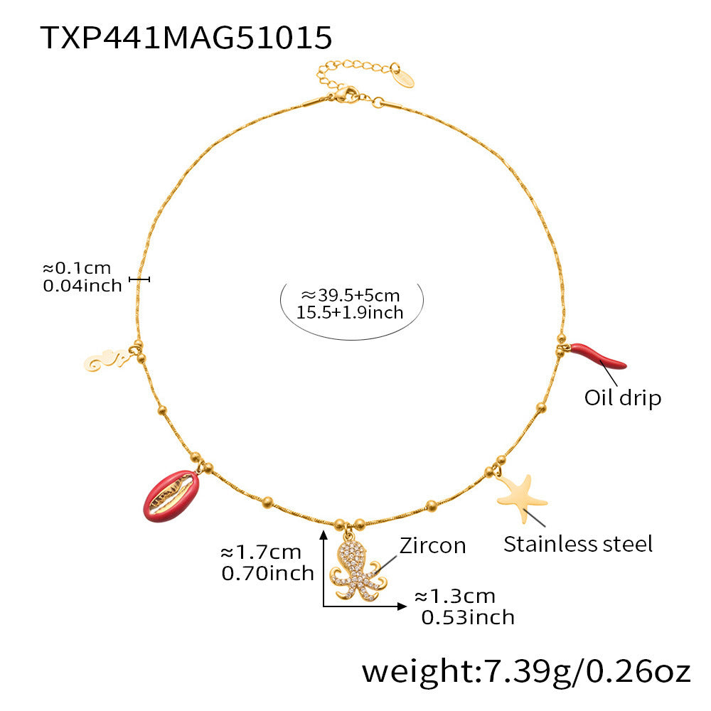 Coral Red Fish, Octopus & Turtle Pendant Jewelry Set – Stainless Steel Necklace, Bracelet, Anklet & Earrings | Trendy Ocean Style Accessories