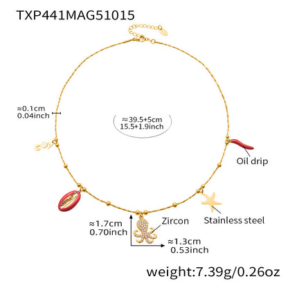 Coral Red Fish, Octopus & Turtle Pendant Jewelry Set – Stainless Steel Necklace, Bracelet, Anklet & Earrings | Trendy Ocean Style Accessories