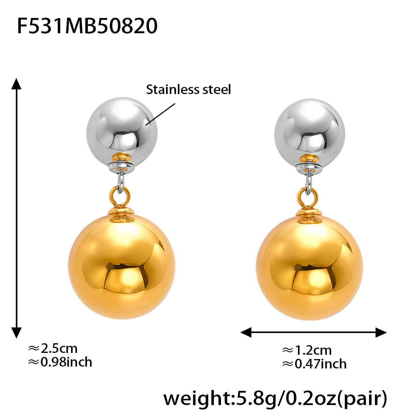 Stainless Steel Two-Tone Ball Drop Earrings – Modern Minimalist Statement Dangle Earrings