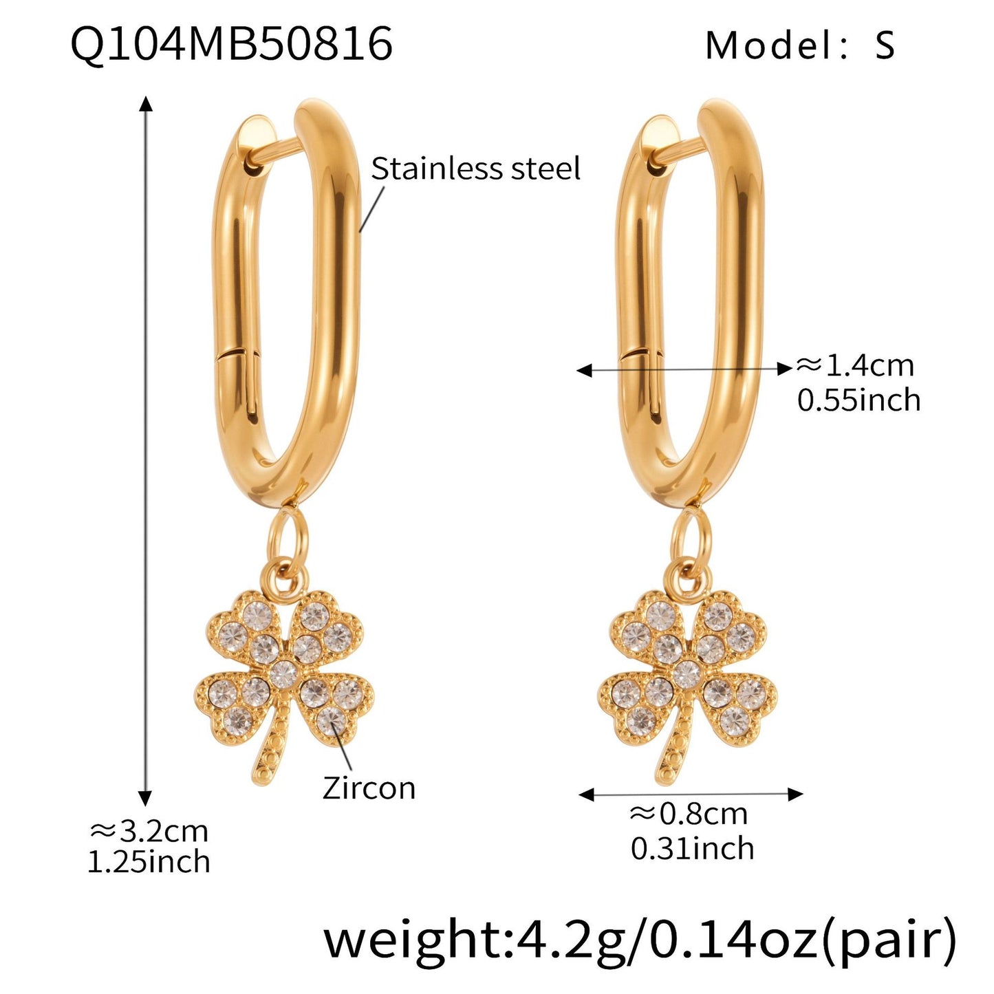 Stainless Steel Zircon Clover Dangle Earrings Set – U-Shaped Hoop Layering Earrings | Lucky Four-Leaf Clover Jewelry Gift for Women