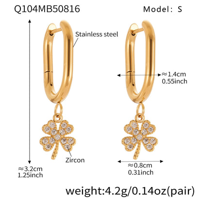 Stainless Steel Zircon Clover Dangle Earrings Set – U-Shaped Hoop Layering Earrings | Lucky Four-Leaf Clover Jewelry Gift for Women
