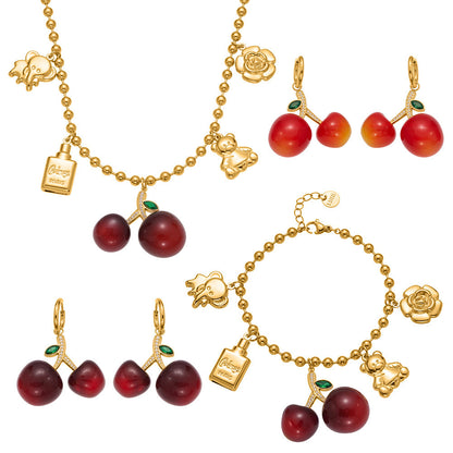 Cherry Zircon Jewelry Set | Gold & Silver Stainless Steel Necklace, Bracelet & Earrings | Trendy Red Resin Cherry Collection by WANTI Jewelry