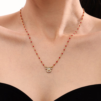 Gold Stainless Steel Christmas Bell & Reindeer Zircon Pendant Necklace | Festive Holiday Jewelry Gift