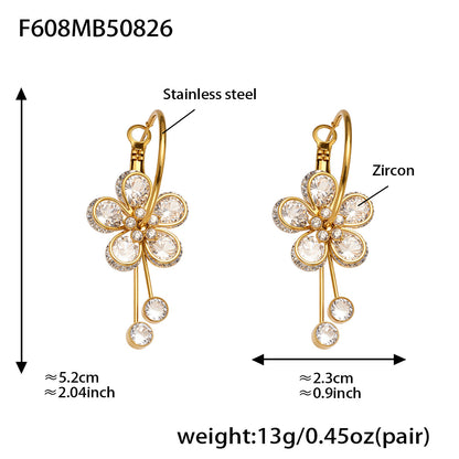 Floral Teardrop Zircon Drop Earrings – Stainless Steel Statement Jewelry for Women