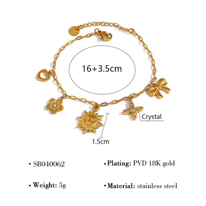18K Gold Plated Titanium Steel Sunflower, Bow, Heart, and Four-Leaf Clover Layered Bracelet | Fashion Jewelry