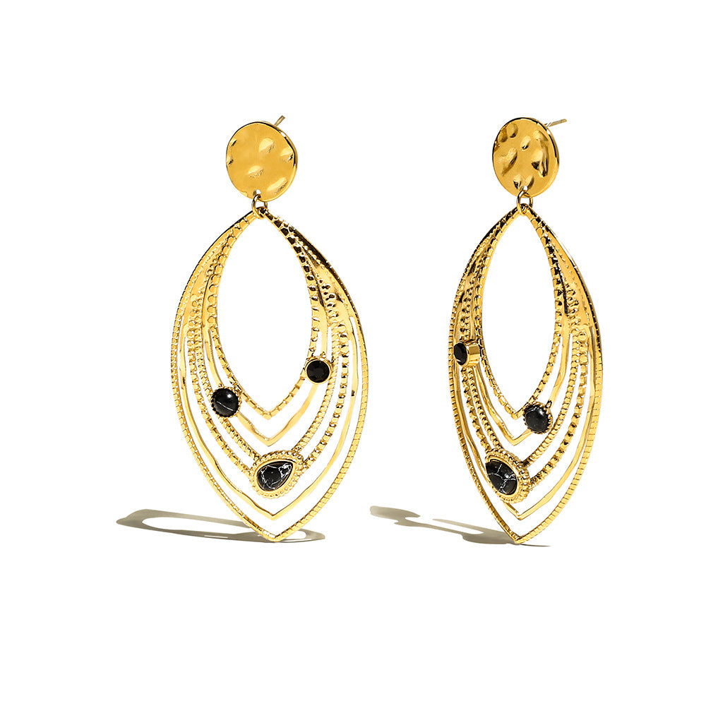 Stainless Steel Vintage Leaf Earrings with Turquoise and Crystal – Retro Statement Dangle Earrings for Women