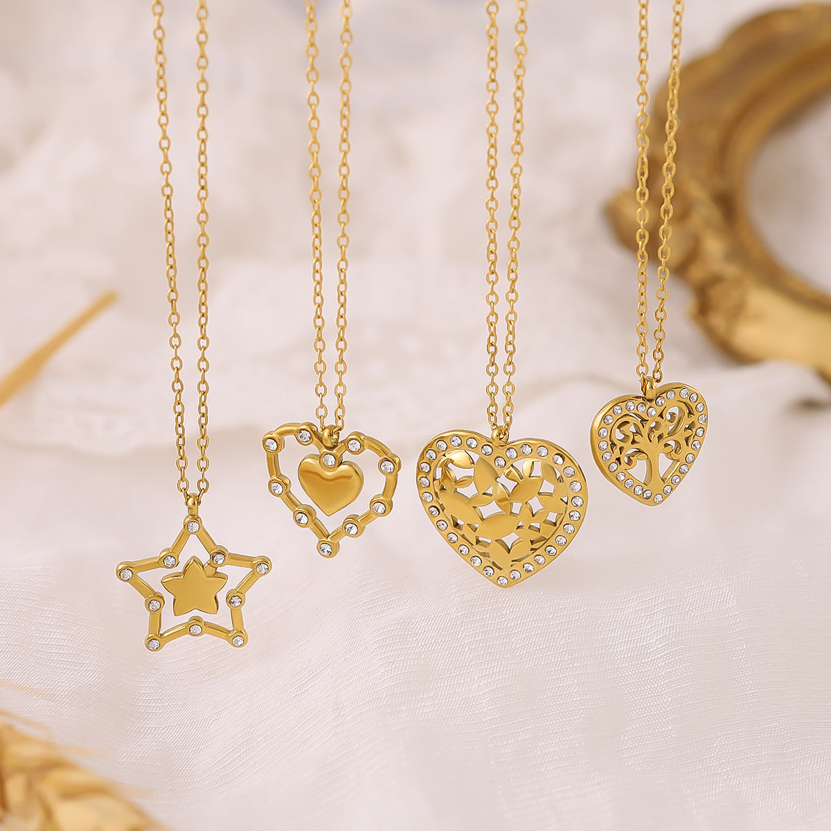 18K Gold Plated Stainless Steel Crystal Pendant Necklace | Heart, Star, Tree of Life & Leaf Designs | Elegant Gift Jewelry for Women