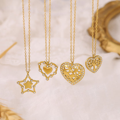 18K Gold Plated Stainless Steel Crystal Pendant Necklace | Heart, Star, Tree of Life & Leaf Designs | Elegant Gift Jewelry for Women
