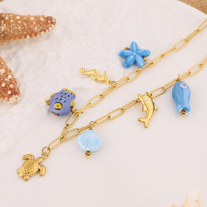 18K Gold Plated Titanium Steel Ocean Pendant Necklace | Seahorse, Starfish, Shell, Turtle, Fish & Dolphin Designs