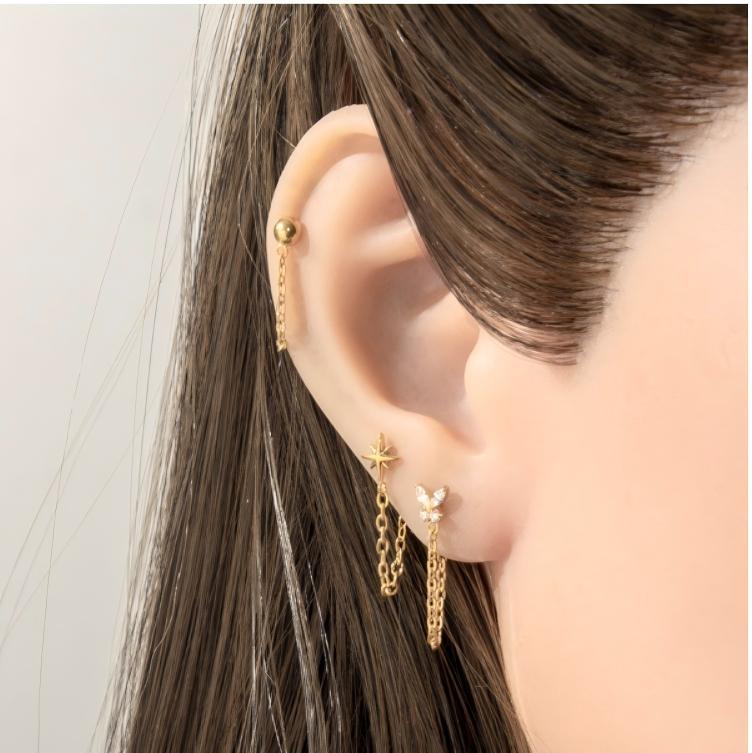 Implant Grade G23 ASTM F136 Titanium Geometric Tassel Chain Ear Stud | Push Pin Flat Back 16G Cartilage Jewelry