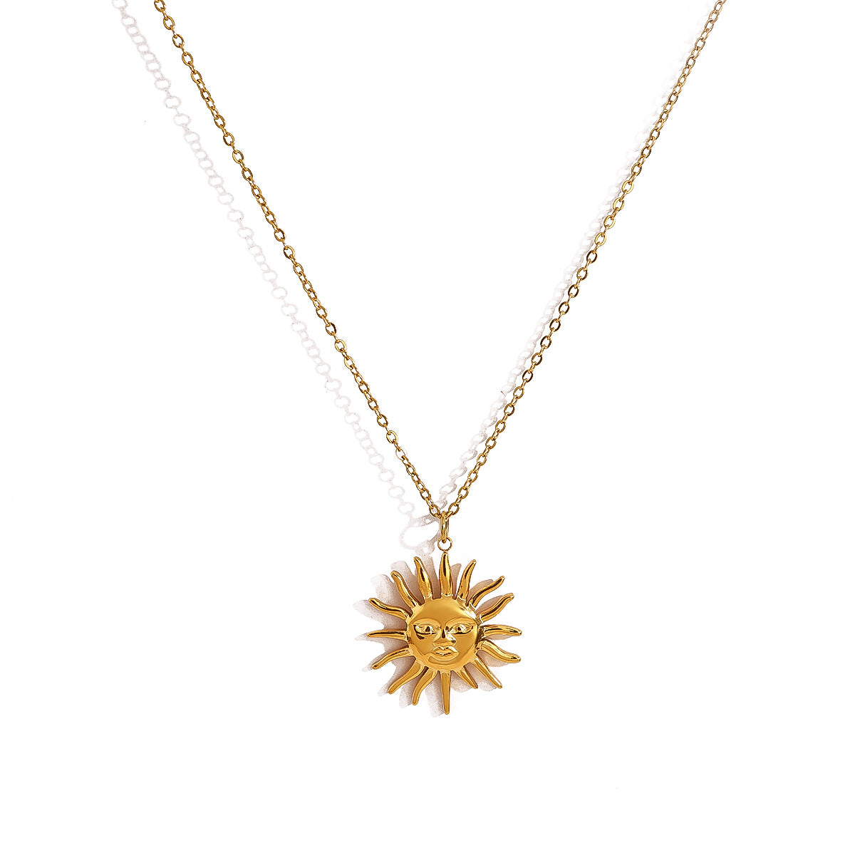 18K Gold Plated Stainless Steel Sun & Star Pendant Necklace – Minimalist Layered Crystal Jewelry for Women