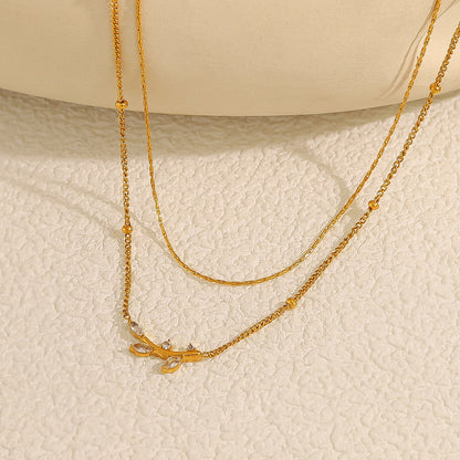18K Gold Plated Titanium Steel Olive Leaf Pendant Necklace with Double Layered Crystal | Elegant Fashion Jewelry