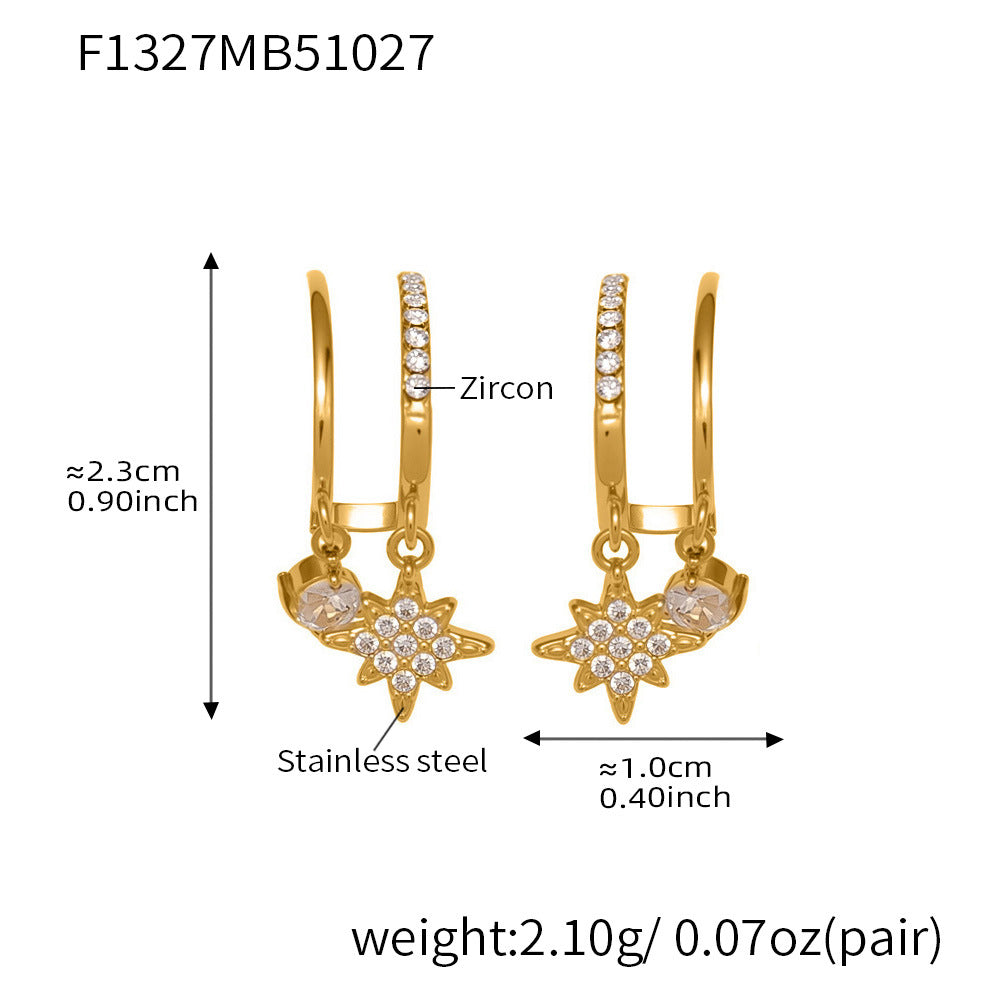 Eight-Pointed Star Zircon Earrings – Minimalist Geometric Stainless Steel Hoop Earrings | WANTI Jewelry