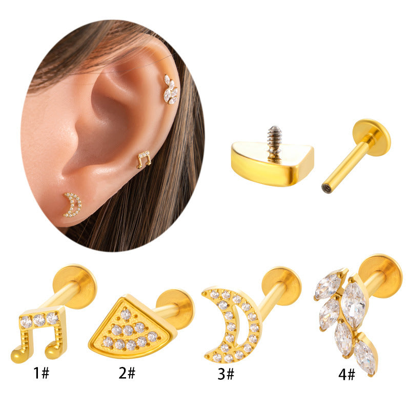 F136 Titanium Internally Threaded CZ Ear Stud – Music Note, Fan, Moon & Cluster Designs | Lip Labret Cartilage Piercing Jewelry