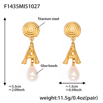 Stainless Steel Letter A Pearl Drop Earrings – Spiral Circle Design | Elegant Statement Earrings for Women